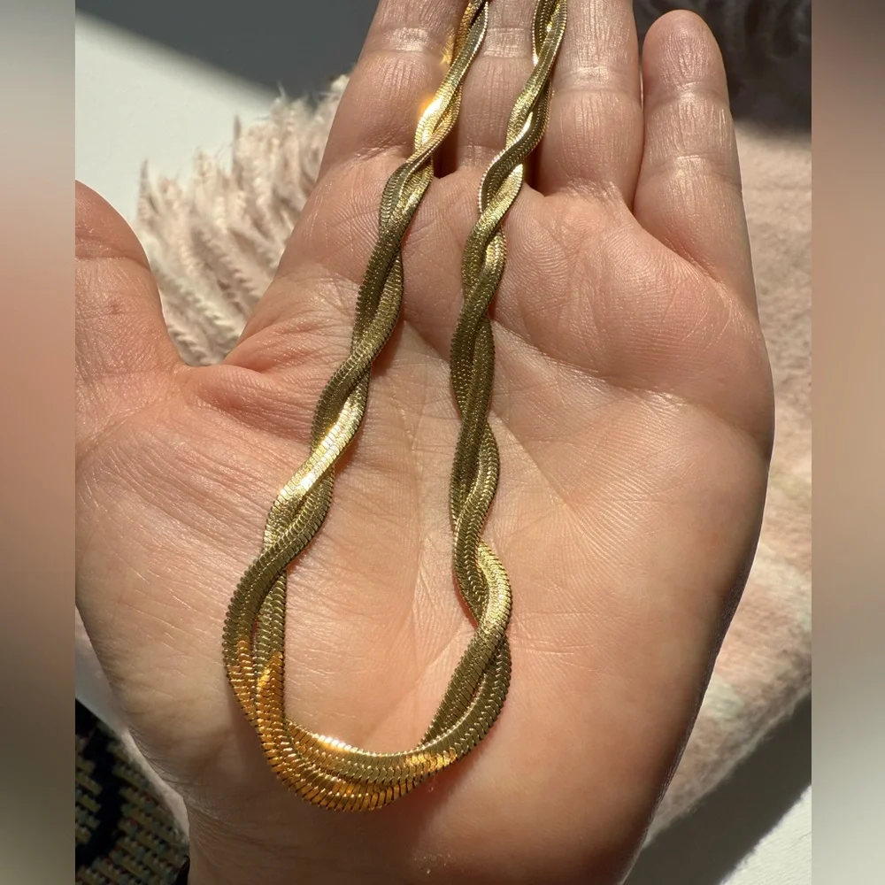Braided New Herringbone Necklace Bracelet
 Gold 18K plated Set Stainless Steel - Picture 14 of 15